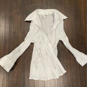 White collared button down with gold embroidery